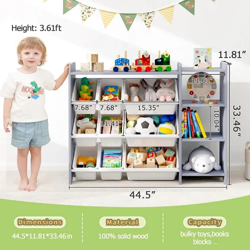Miniatura 3 de MallBest Estante organizador de almacenamiento de juguetes para niños de 4 niveles, 100% madera maciza, armario de almacenamiento para niños con 9