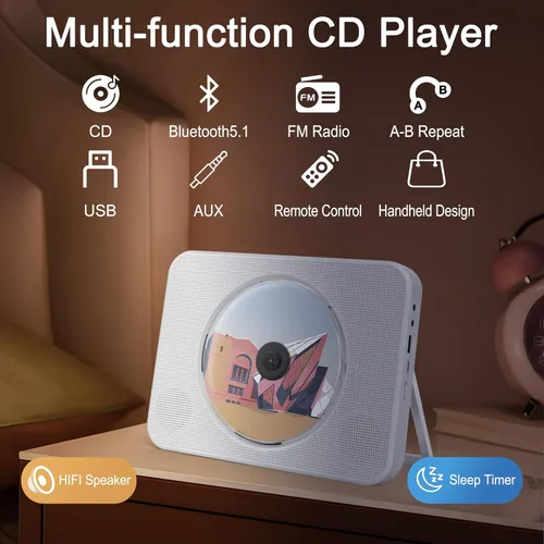 Miniatura 2 de Reproductor de CD con altavoces para el hogar, reproductor de CD Bluetooth para automóvil, con radio Bluetooth/FM/USB/AUX, reproductores de música