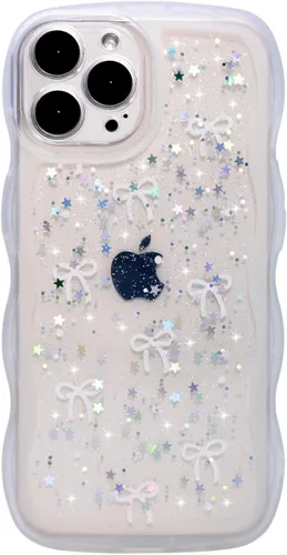 Miniatura 45 de Qokey Funda para iPhone 12 Pro Max de 6.7 pulgadas, diseño de onda rizada, borde transparente, brillante con purpurina, estrella brillante, bonita