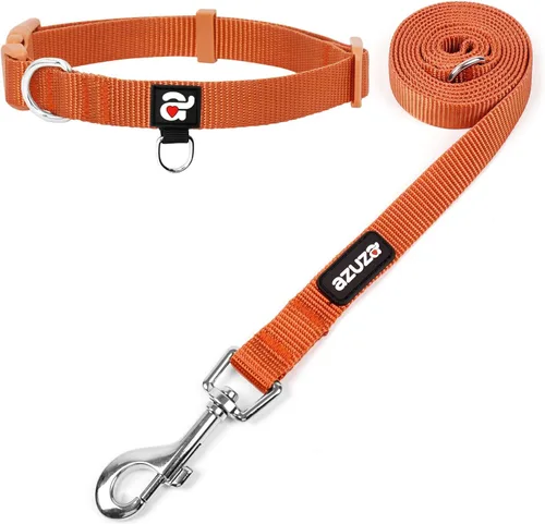 Miniatura 11 de azuza Juego de collar y correa de nailon para perro, resistente y duradero, estilo básico, correa y collar con anillo de identificación