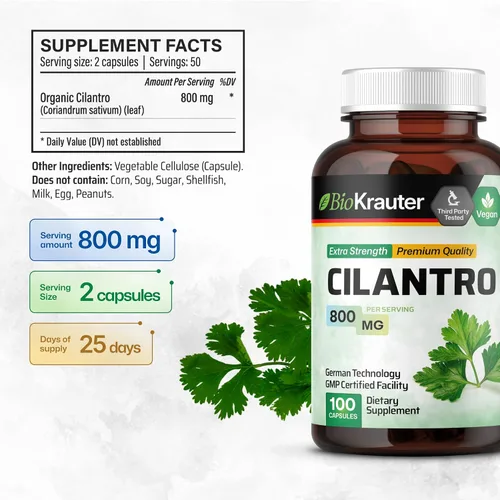Miniatura 3 de BIO KRAUTER® Cilantro for Detox Cleanse - Cápsulas veganas de cilantro (polvo de hoja de cilantro) 800 mg por porción - Suplemento natural