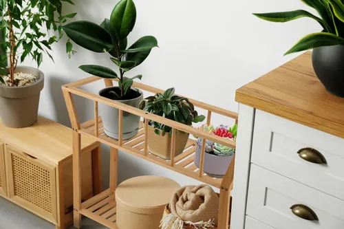 Miniatura 5 de Nnewvante Soporte de bambú para plantas de interior de 37.4 x 11 pulgadas, 2 niveles de alto, estante organizador de macetas, mesa de entrada
