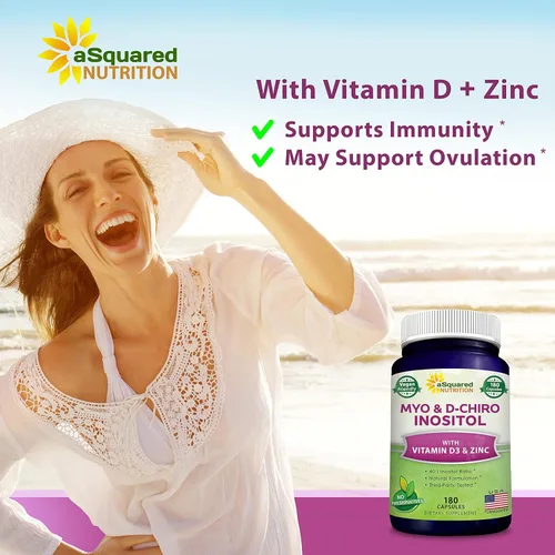 Miniatura 2 de aSquared Nutrition Suplemento de mio-inositol y D-Chiro inositol - 180 cápsulas - Más vitamina D3 y zinc - Proporción de mio y D-Chiro inositol 40 a