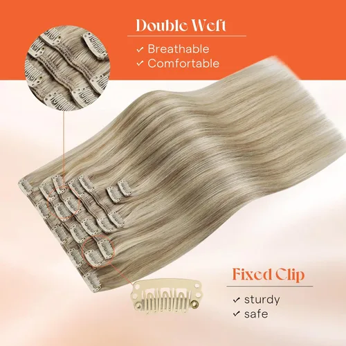 Miniatura 9 de Sunny Hair - Extensiones de clip de cabello humano real - rubio dorado con reflejos rubio claro - 24 pulgadas, 7 unidades, 4.23 onzas