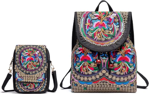 Mochila vintage bordada étnica para mujer, bolso de hombro de flores, bolso para teléfono celular, bolso de moda con cordón pequeño, mochila de