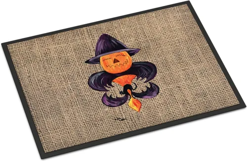 Caroline's Treasures 8748MAT - Tapete de Halloween con diseño de murciélago y calabaza, flor de lis, 18 x 27 pulgadas, tapete para puerta delantera,