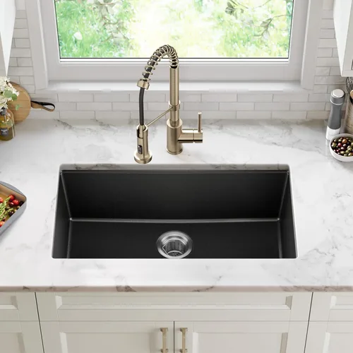 Miniatura 12 de Kraus Quarza - Fregadero de cocina de granito para montar por debajo, cajón único de 31 pulgadas, en ónix negro, KGU-413B