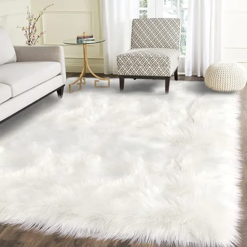 Latepis - Tapete rectangular de piel sintética tipo lana de oveja suave, esponjosa y lavable para sala de estar, dormitorio, sala de juegos o Blanco