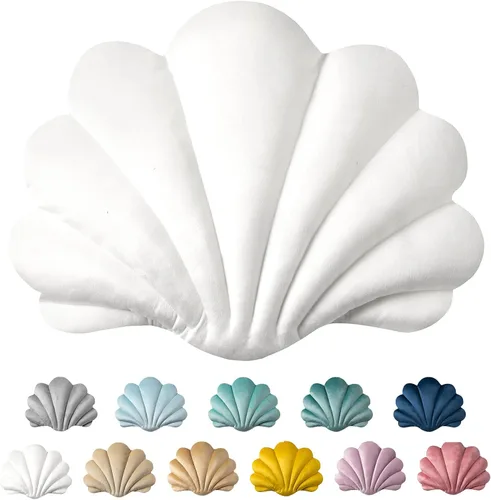 Ashler - Almohadas 3D con forma de concha, cojín de terciopelo suave incluido para sofá, cama, sala de estar, paquete de 1, color blanco hueso, 18 x