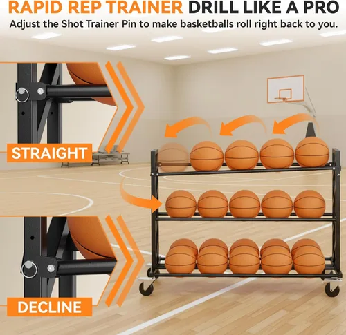 Miniatura 3 de Bastidores de baloncesto para pelotas, carrito de bolas resistente con ruedas, almacenamiento de baloncesto de 3 niveles y 20 bolas, carrito