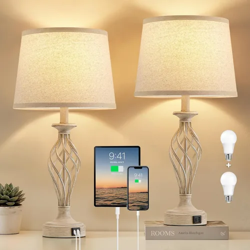 Miniatura 10 de Juego de 2 lámparas de mesa para dormitorio con puertos USB C+A, lámparas modernas de mesita de noche con base de jaula en espiral, pantalla de Base