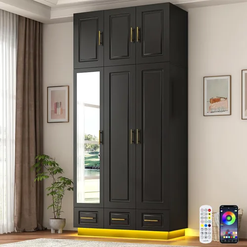 Hlivelood Armario Grande Ropero Gabinete con Cajones y Luces LED, Estantes de Múltiples Niveles, Barra para Colgar, Armario de Gran Capacidad de