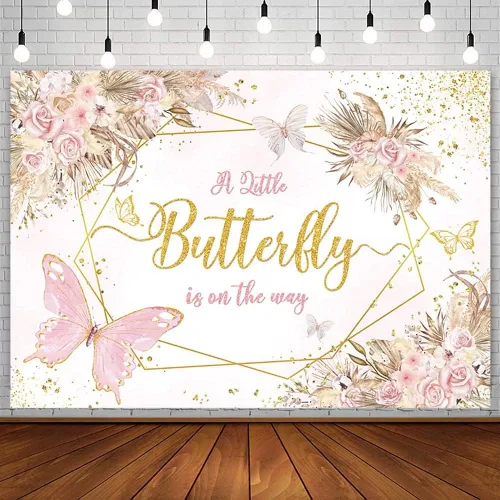 Miniatura 9 de AIBIIN Telón de fondo bohemio de mariposa para baby shower, de 7 x 5 pies, con texto en inglés "A Little Butterfly is on the Way", fondo de Azul