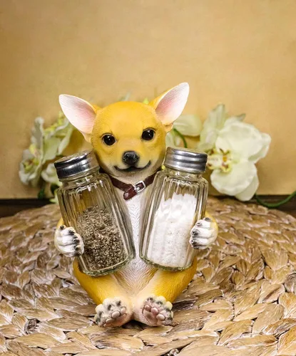 Miniatura 9 de Ebros Picante - Juego de figuras de taza de té de color marrón claro, chihuahua con collar, salero y pimienta, 6.25 pulgadas de alto, Chi Chi Taco