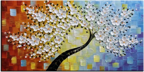 Miniatura 15 de YaSheng Art - Pintura al óleo de arte contemporánea hecha a mano de flores blancas en lienzo con textura 3D, pinturas de árbol abstractas