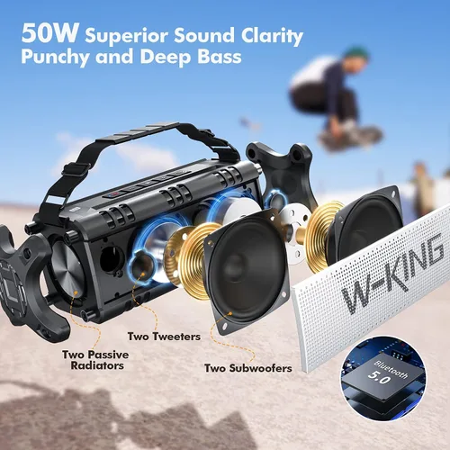 W-KING Altavoz Bluetooth, potente altavoz Bluetooth de 50 W, resistente al agua IPX6, gran altavoz portátil para exteriores inalámbrico para graves