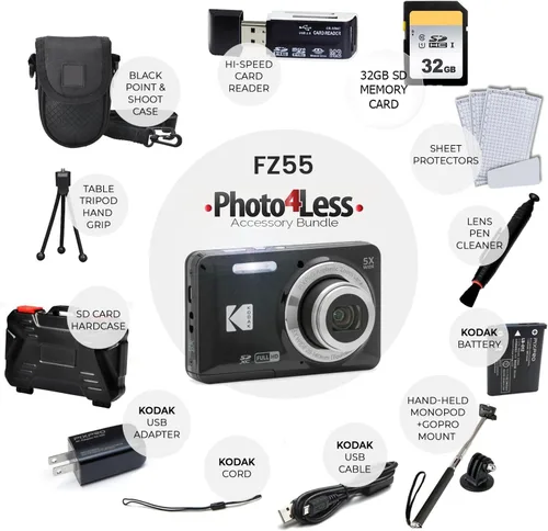 Miniatura 2 de Kodak PIXPRO FZ55 - Cámara digital (negro) + Tarjeta de memoria de 32GB + Estuche para cámara Point and Shoot + Monópodo extensible + Lápiz limpia
