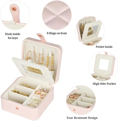 Miniatura 3 de Joyero de viaje con espejo, mini estuche de viaje de piel sintética para mujeres y niñas, pequeño organizador de joyas portátil para anillos