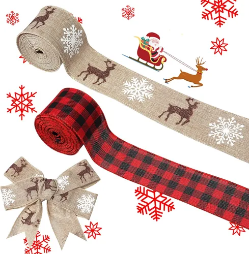 Miniatura 8 de Cinta de Navidad con cable de 2.5 pulgadas x 11 yardas, cinta de Navidad roja y de arpillera para coronas, lazos, manualidades, 2.5 pulgadas