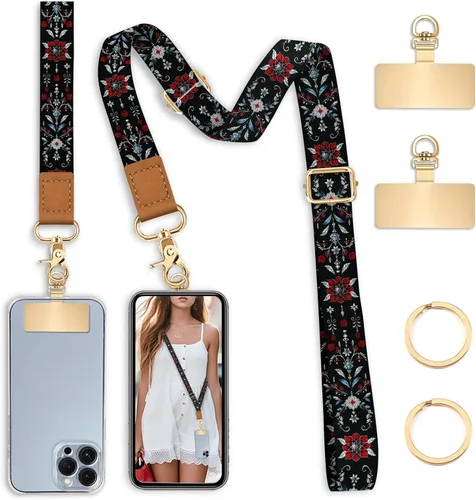 Miniatura 9 de Cordón cruzado para teléfono celular con correa para la muñeca, diseño de flores, para colgar alrededor del cuello, correa floral ajustable
