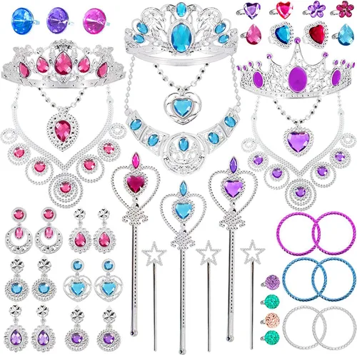 Juego de 48 piezas de joyería de princesa para niñas, incluye tiaras, collares, varitas, anillos, aretes y pulseras, juego de joyas para niñas