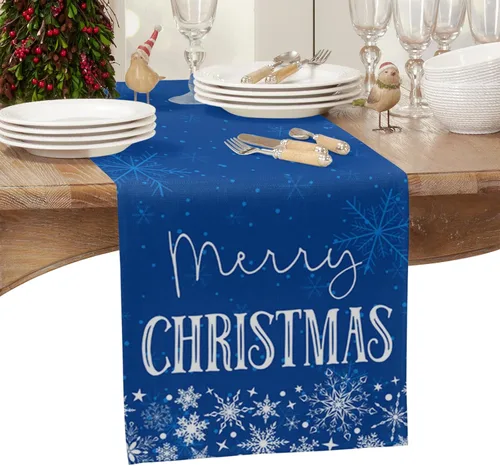 Miniatura 2 de Camino de mesa de Navidad de 48 pulgadas de largo, diseño de arpillera y algodón para cocina, redondo, cuadrado, boda, café, mesa de comedor, Copo