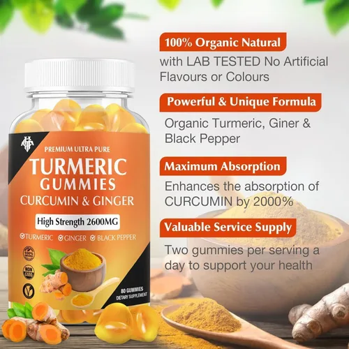 Miniatura 2 de Gomitas de cúrcuma y curcumina (paquete de 2) - Suplementos de cúrcuma y curcumina con jengibre y pimienta negra para el apoyo inmune, muscular