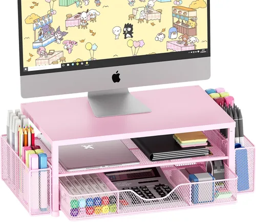 Miniatura 11 de OPNICE Soporte elevador de monitor doble con cajón y 2 soportes para bolígrafos, organizador de escritorio para suministros de oficina, soporte