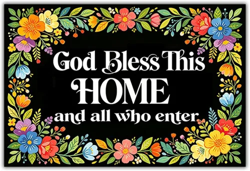 Felpudo con texto en inglés «Bless This Home and All Who Intre», diseño floral de bienvenida, decoración de baño