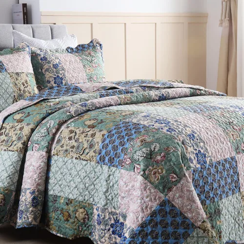 Miniatura 3 de MarCielo Juego de colcha acolchada de 3 piezas, colcha estampada, juego de ropa de cama, manta, colcha ligera (flor azul, Queen) (B026_Q)