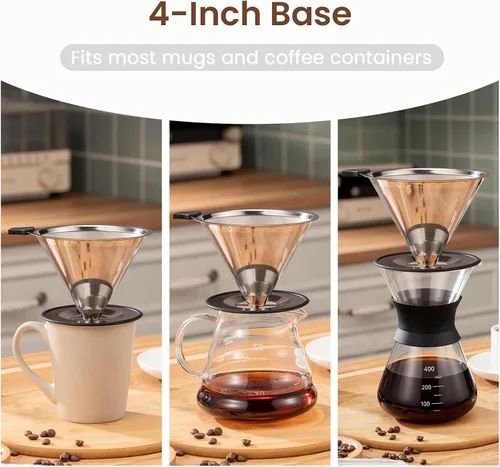 Miniatura 6 de 【2.0 mejorado】Gotero de café reutilizable de acero inoxidable con base antideslizante y asa, cafetera sin papel (plateado)