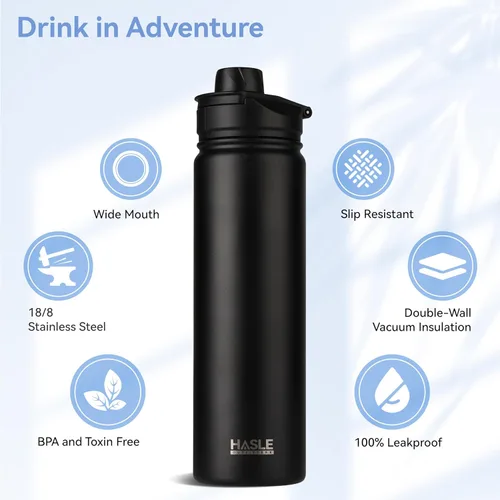 Miniatura 2 de HASLE OUTFITTERS Botella de agua aislada de 22 onzas, botella de agua de acero inoxidable de doble pared, boca ancha con tapa de popote y tapa