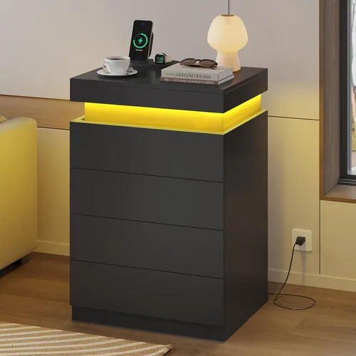 Miniatura 6 de ADORNEVE - Mesita de noche negra con cajones y luces LED, mesita alta con parte superior deslizable, mesa de cabecera con estación de carga, mesa