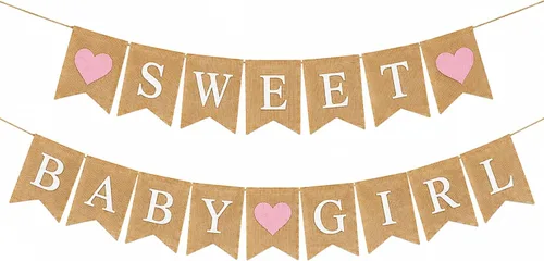 Cartel de arpillera "Sweet Baby Girl" – Rústico "Dulce" y "Baby Girl" en banderas de arpillera natural (aprox. 5 x 7 pulgadas) Decoración de fiesta