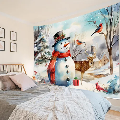 Miniatura 4 de LB Tapiz navideño de muñeco de nieve, bosque de pinos de invierno con ciervos cardenales, tapiz de pared para dormitorio, tapiz colgante de pared