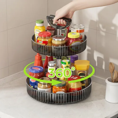 Miniatura 2 de Lazy Susan - Organizador giratorio de 360° de 2 niveles con asas de altura ajustable, organizador de especias para gabinetes, organizadores