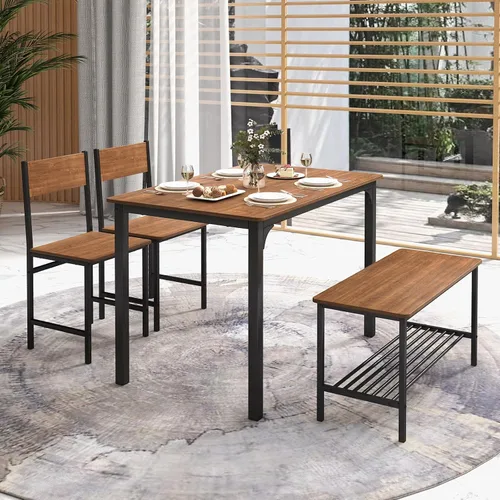 Miniatura 8 de COSTWAY Dining Table Set for 4, Space-Saving Dining Room Table with Bench and 2 Chairs, Storage Rack & Anti-Slip Foot Pads, Industrial Kitchen Table