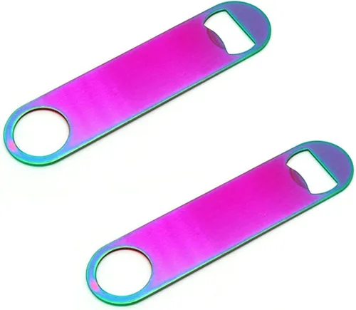 Abrebotellas plano de acero inoxidable de color arcoíris, resistente y duradero, 2 piezas para enviar a amigos, adecuado para bares, camareros,