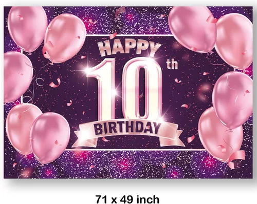 Miniatura 3 de Decoraciones de fondo de feliz cumpleaños 10 para niñas, pancarta de fondo rosa, morado y dorado Cartel de fondo de fotos de feliz 10 cumpleaños