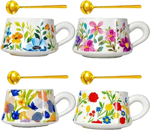 Juego de 4 tazas de café, tazas de té de cerámica de 9 onzas, diseño floral vintage original, tazas de capuchino, tazas de café, tazas de té con