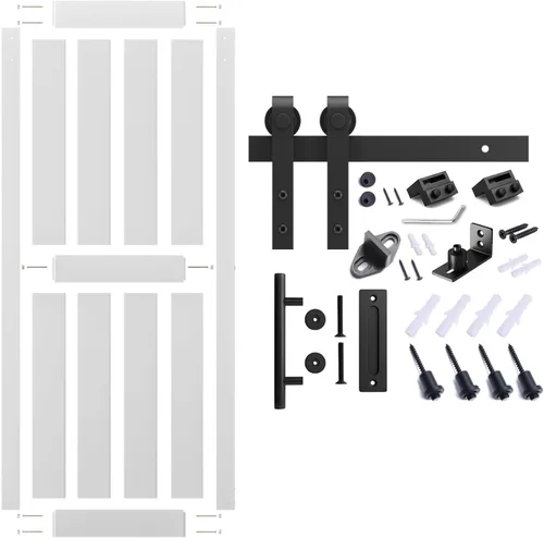 Miniatura 3 de Puerta corredera de granero de 28 x 84 pulgadas con kit de herrajes para puerta de granero de 5 pies, mango y guías de suelo, agujeros Blanco