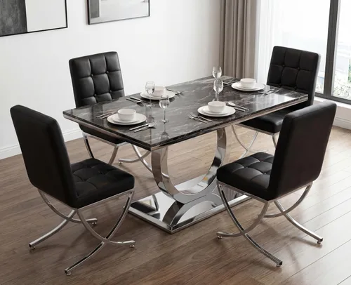 Miniatura 4 de EALSON Juego de 2 sillas de comedor modernas, tapizado de cuero negro con lengüetas de metal cromado y respaldos altos copetudos, sin brazos