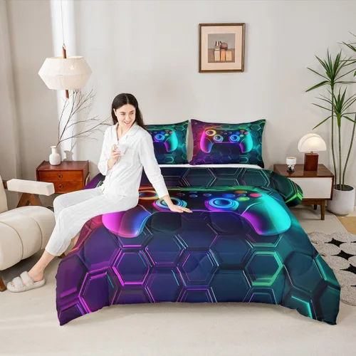 Miniatura 37 de Manfei Juego de edredón moderno de 2 piezas con estampado de consola de videojuegos de panal azul con 1 funda de almohada, juego de ropa de cama