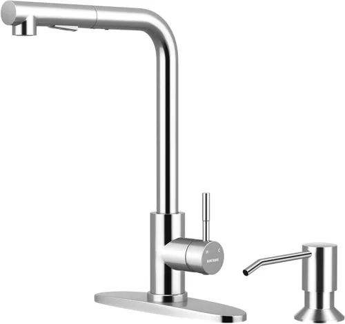 Miniatura 19 de WEWE Grifo de Fregadero de Cocina, Grifo de Cocina Extraíble, Grifo de Cocina Negro y Cromado con Rociador de Acero Inoxidable de Una Sola Manija