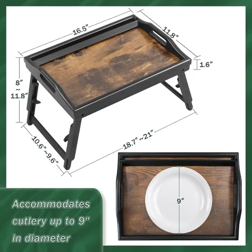 Miniatura 6 de Paquete de 2 bandejas de cama para mesa de desayuno, bandejas de servicio de altura ajustable para comer, bandeja de bambú para laptop con patas
