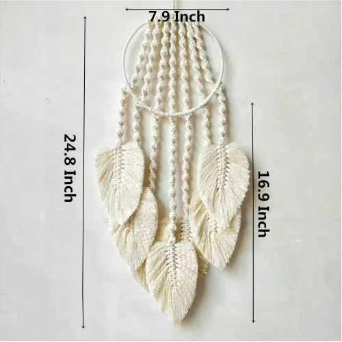 Miniatura 5 de Tapiz de macramé tejido de algodón, atrapasueños, tejido a mano con borlas de plumas, adorno para manualidades, dormitorio, sala de estar, Beige