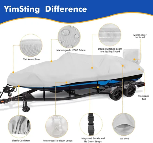 Miniatura 6 de Funda Impermeable 1200D para Barco - Se Adapta a Barcos Bass de 14' a 16' pies, Casco en V y Tricasco - Lona Resistente Gris