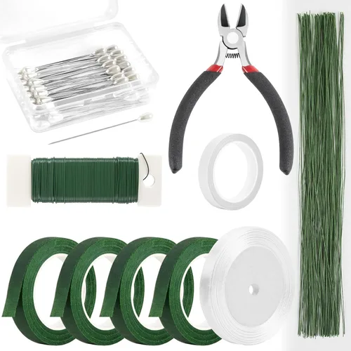 Kit de arreglos florales NESCCI con cinta floral verde y alambre, alambre para tallos florales de calibre 26, alambre floral de calibre 22, alfiler