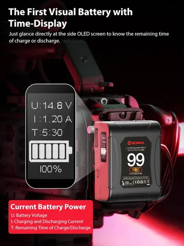Miniatura 3 de Moman V-Mount Batería, Power 99 Cámara mejor Mini V Lock Baterías 99Wh/6900mAh con botón táctil y pantalla LED para Smallrig BMPCC 4k 6k Cámara