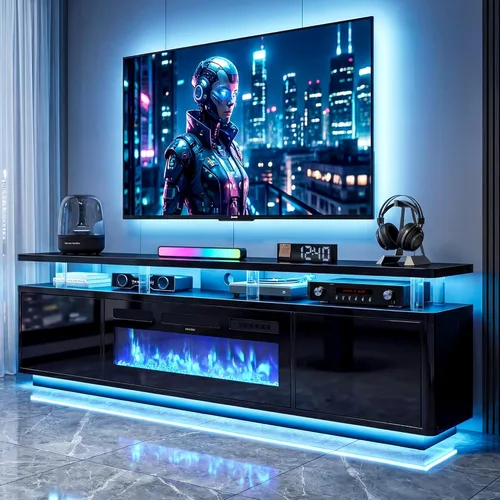 Miniatura 17 de oneinmil 70" Fireplace TV Stand for Living Room, Electric Fireplace Entertainment Center with Dual LED Lights & Storage Cabinets, Fits TVs up to